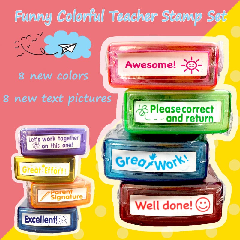 Bertiveny Teacher Stamps for Grading Classroom Parent Signature Self-Inking Teacher Stamp Set School Supplies for Homework Reward for Elementary  8 pcs(Rainbow) - Image 2